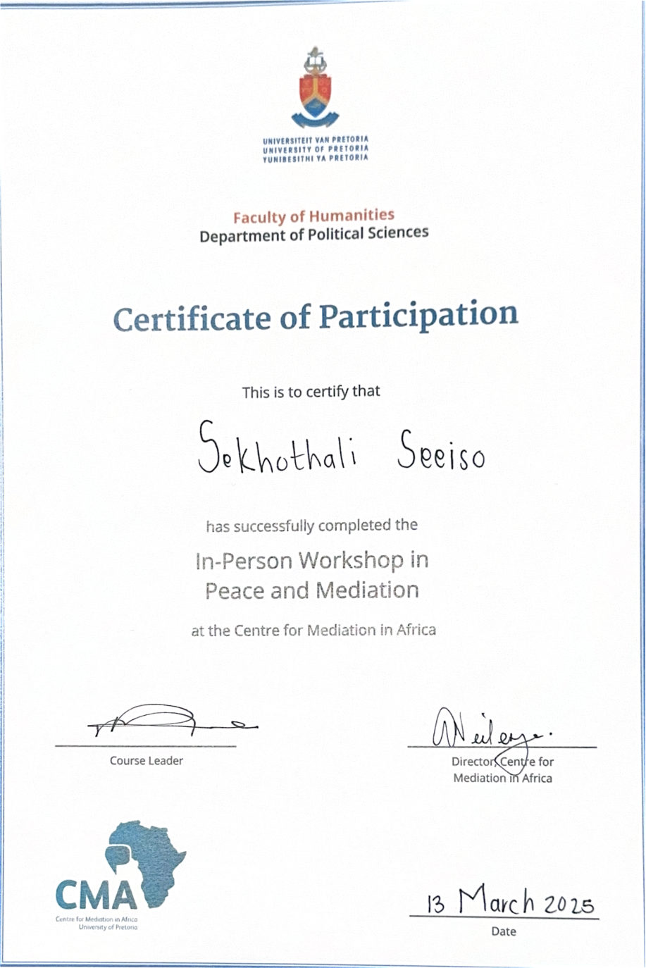 University of Pretoria certificate for the Peace and Mediation workshop