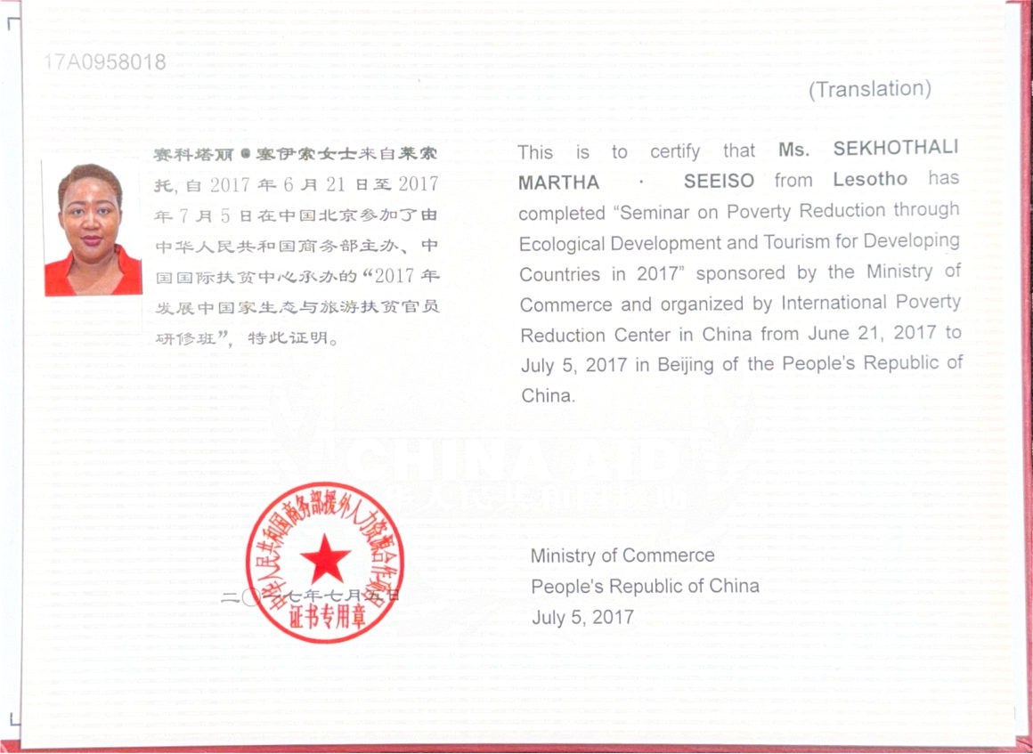 Certificate for a seminar on poverty reduction through ecological development and tourism