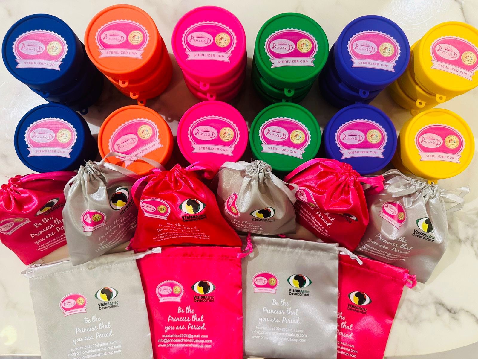 Princess D menstrual cups and kits displayed in multiple colors